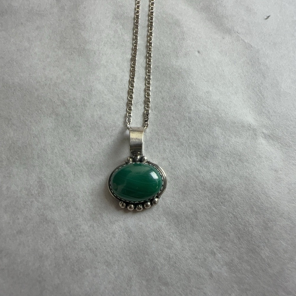 AB Sterling Silver 925 Green Malachite Oval Pendant Necklace Italy 22in Chain